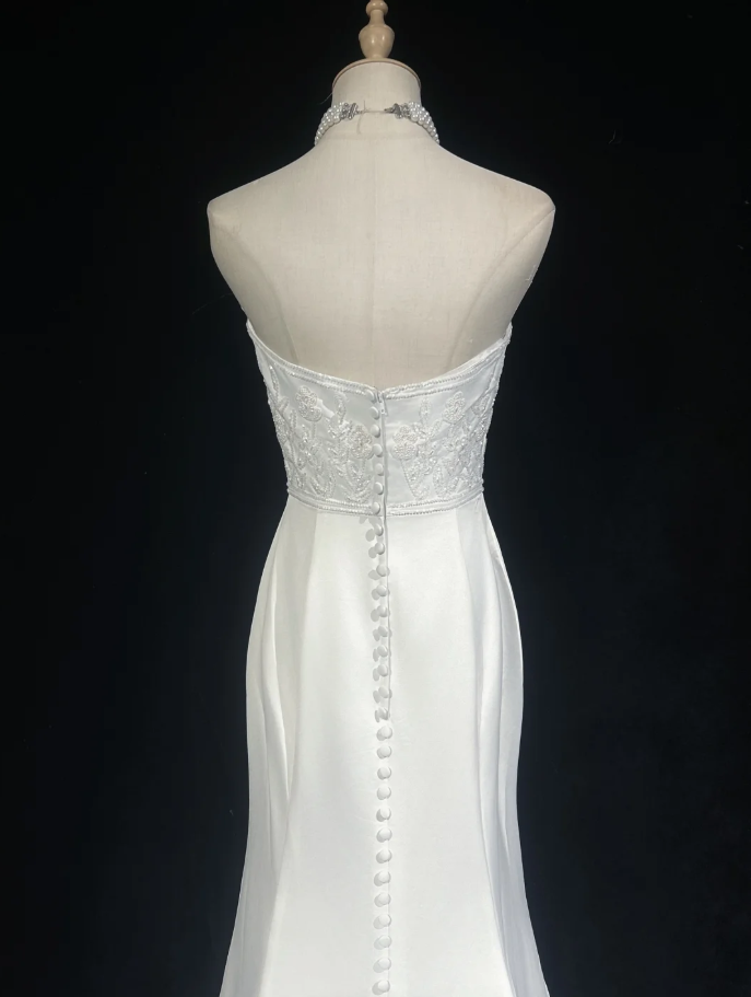 Charming Strapless Satin Beaded Mermaid Evening Dress White Long Birthday Dress SP1790