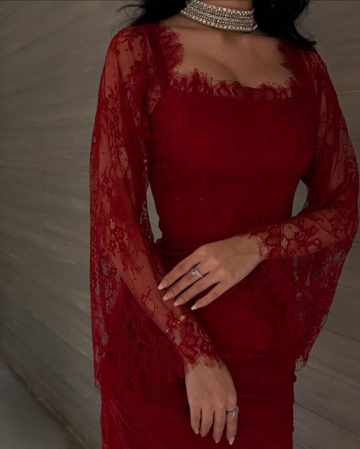 Sexy Square Neck Red Lace Mermaid Evening Dress Long Wedding Guest Dress SP1194