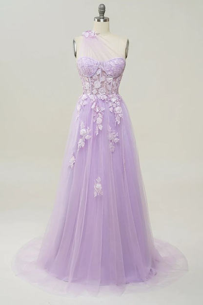 A Line One Shoulder Long Prom Dress with Appliques Y4062