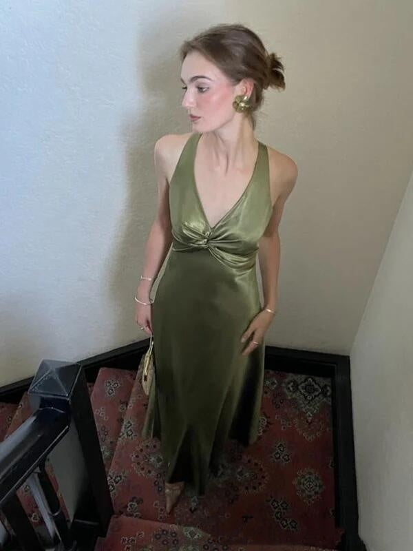 Classy V Neck Olive Green Satin Long Prom Dress Evening Dress SP3761
