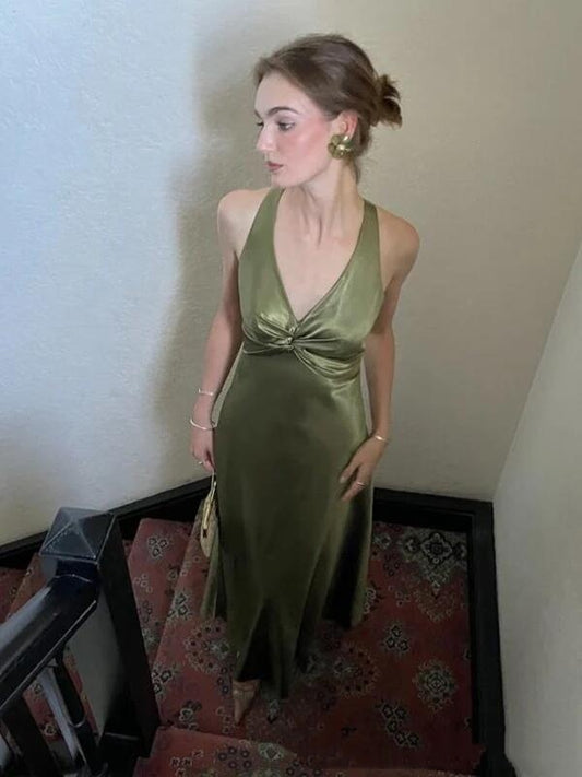 Classy V Neck Olive Green Satin Long Prom Dress Evening Dress SP3761