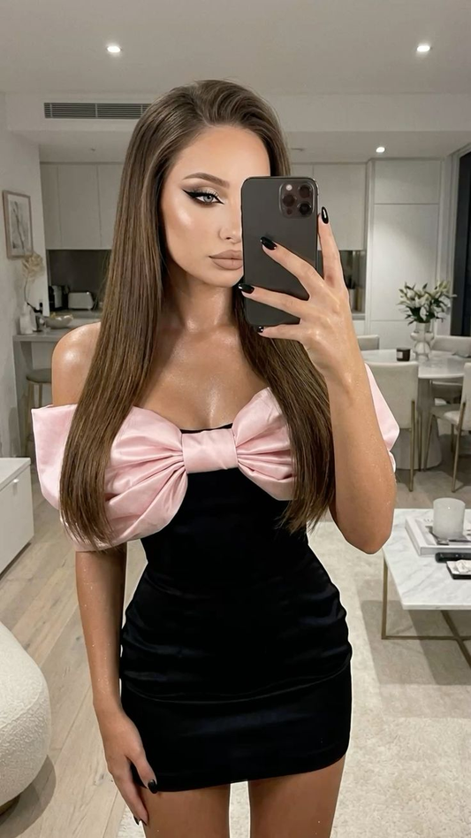 Cute Off The Shoulder Bow Mini Prom Dress,Black Sheath Short 9th Grade Homecoming Dress SP3218