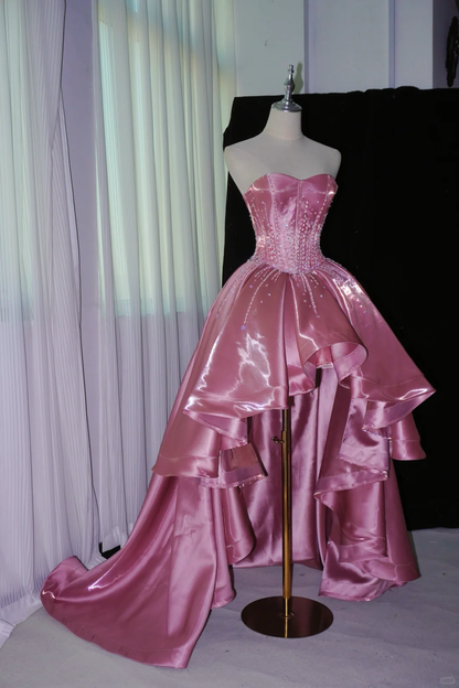 Charming Pink Satin Beaded Hi-Low Long Party Dress Birthday Dress SP2065