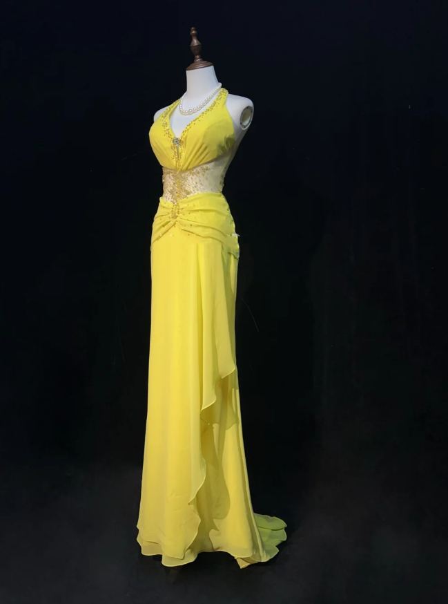 Sexy Yellow Halter V Neck Chiffon Beaded Mermaid Evening Dress Backless Long Prom Gowns SP1967