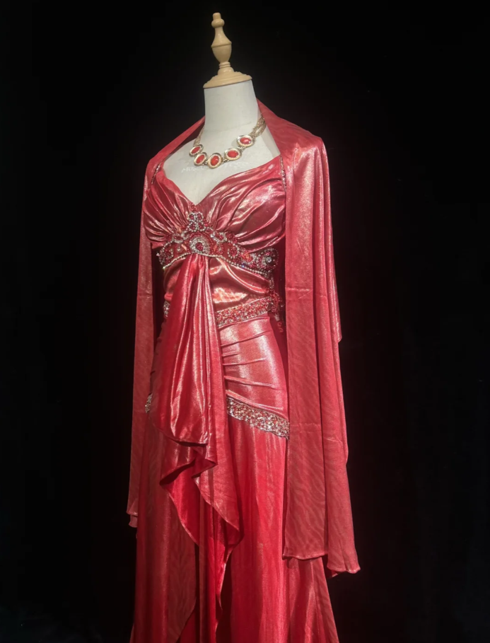 Unique Pink V Neck Satin Beaded Mermaid Long Prom Dress Evening Dress Formal Wedding Guest Dress SP1389