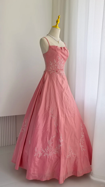 Glamorous Spaghetti Straps Pink Satin Beaded Long Party Dress Formal Wedding Guest Dress SP2325