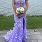 Gorgeous Off-Shoulder V-Neck Lace Appliques Mermaid Prom Dress,Slit Birthday Evening Gown Y7934