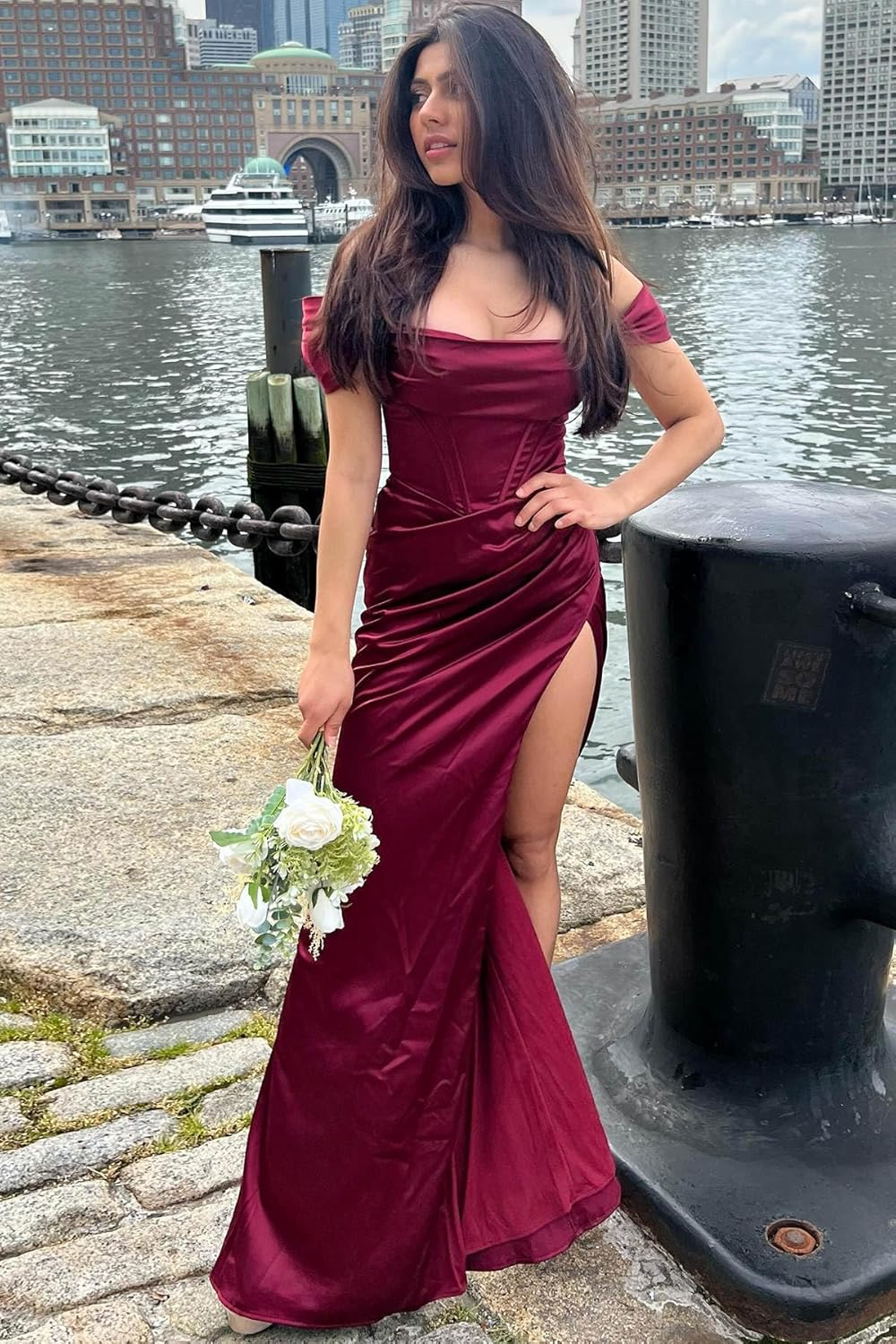 Burgundy Satin Off The Shoulder Slit Prom Dress Evening Dress Y7831