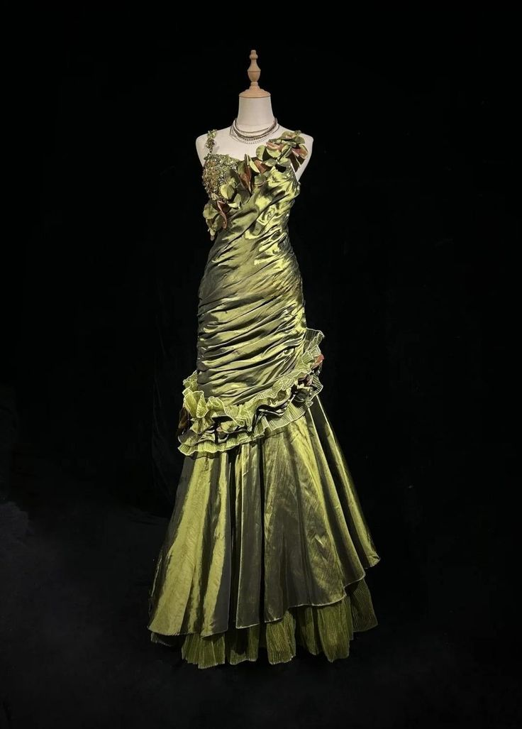 Vintage Dark Green Irregular Neckline Satin Beaded Evening Dress,Ruched Mermaid Prom Dress Y8560
