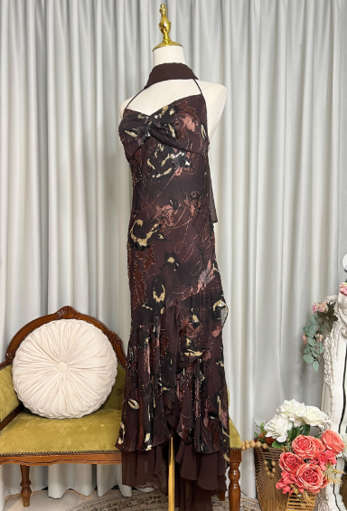 Vintage Halter Chocolate-Brown Chiffon Floral Prints Beaded Mermaid Party Dress Formal Prom Gown With Ribbon SP626