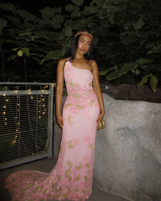 Charming One Shoulder Pink Satin Lace Sequin Mermaid Long Party Dress Formal Long Wedding Guest Dress SP1346