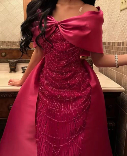 Gorgeous Hot Pink Bow Off The Shoulder Satin Sequin Beaded Long Evening Dress Prom Dresses SP732