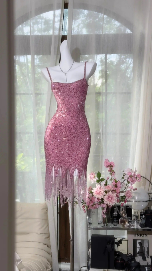 Sparkly Pink Spaghetti Straps Sheath Sequin Tassel Short Homecoming Dress 18th Birthday Outfits Y9075