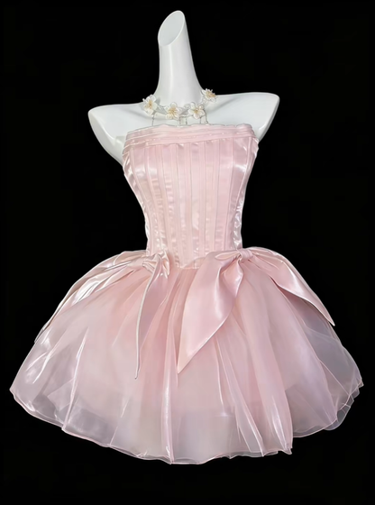 Sweet Pink Satin Tulle Bow A Line Short 7th Grade Homecoming Dress,Strapless Mini Prom Dress SP3527