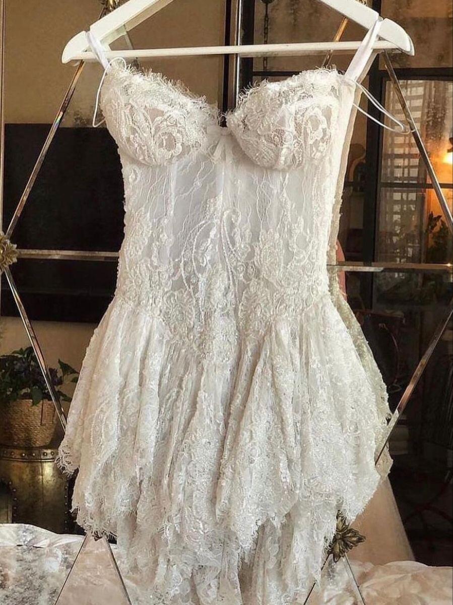 Charming Spaghetti Straps White Lace A Line Short Homecoming Dress Mini Birthday Dress SP2426