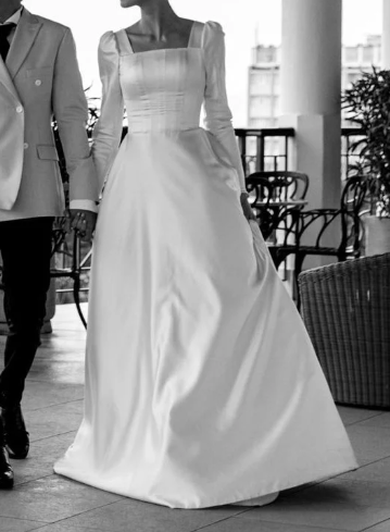 Modest A-line Square Neckline White Satin Wedding Dress Y6736 Simplepromdress Modest A-line Square Neckline White Satin Wedding Dress Y6736 Simplepromdress