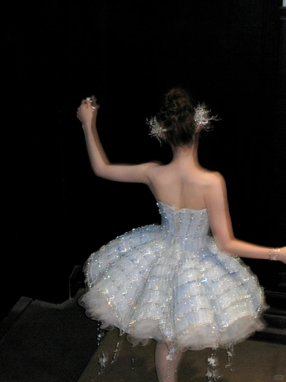 Glitter Blue Strapless Tulle Sequin Beaded A Line Princess Birthday Outfits Short 8th Homecoming Dress Y9210
