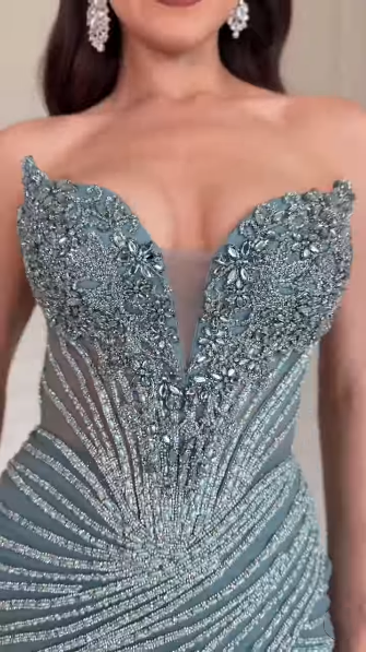 Luxurious Blue Strapless Tulle Beaded Side Slit Mermaid Long Prom Dress Party Gown SP2224