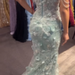 Elegant Green Tulle Applique Beaded Slit Prom Dress Long Mermaid Party Gown SP1320