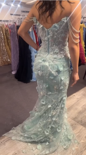 Elegant Green Tulle Applique Beaded Slit Prom Dress Long Mermaid Party Gown SP1320