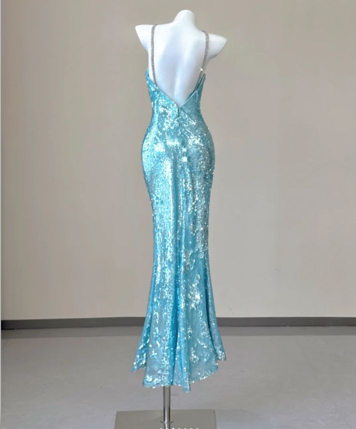 Sparkly Spaghetti Straps Blue Sequin Mermaid Evening Dress Long Prom Dresses SP710