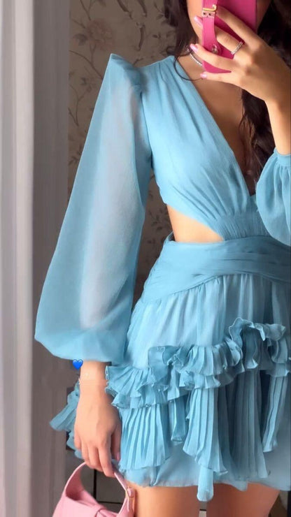 Elegant Blue Mini Graduation Homecoming Dress V Neck Chiffon Ruffled A Line Short Birthday Outfits SP2343