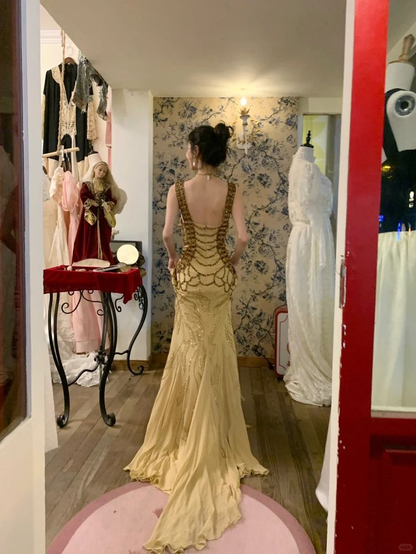 Vintage V Neck Yellow Chiffon Sequin Beaded  Mermaid Party Dress Long Prom Dresses SP454