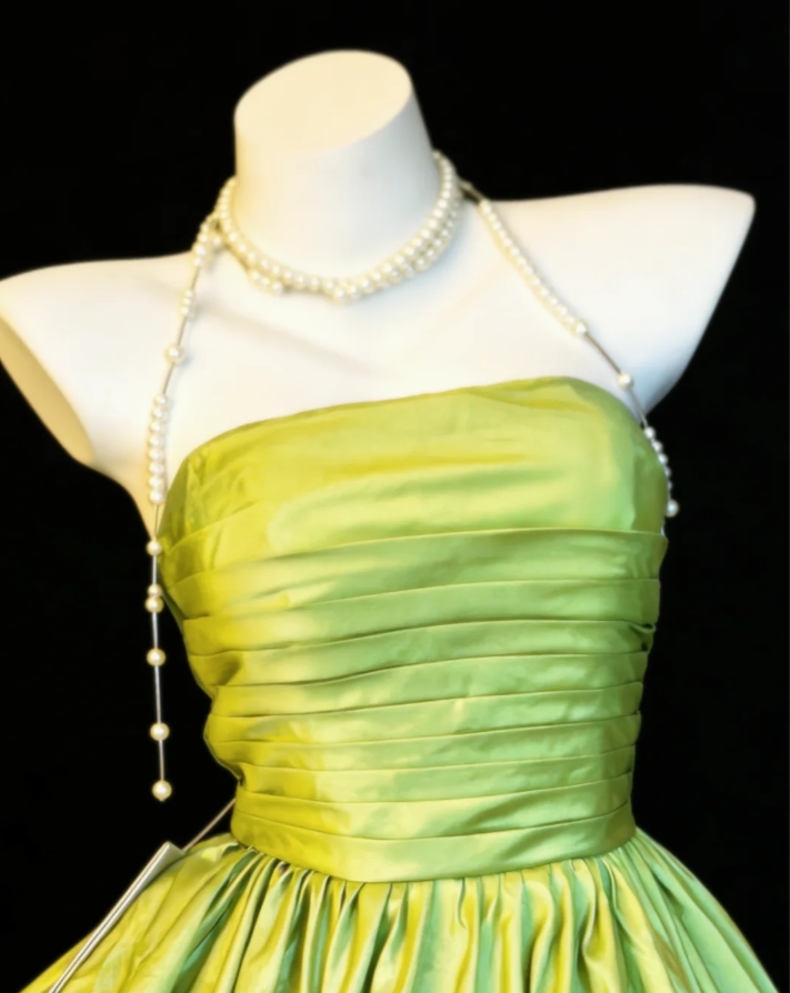 Simple Strapless Green Satin Pleated A Line Short Birthday Outfits Formal 8th Grade Homecoming Dress SP1630