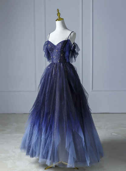 Dark Green Ombre Straps Tulle Layered Long Prom Dress,Green Formal Dress Y4473