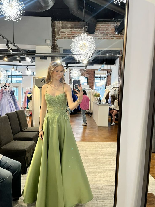 Sweet Sage Green Satin Appliques A Line Long Party Dress Formal Wedding Guest Dress SP2147