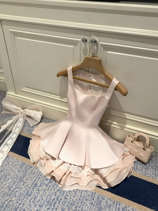 Cute Pink Sleeveless Satin Lace A Line Short Graduation Homecoming Dress Mini Birthday Dress SP2354