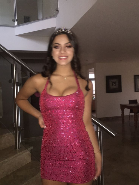 Charming Halter Sheath Pink Sequin Formal Graduation Homecoming Dress Short Birthday Outfits Cocktail Dress Y9398