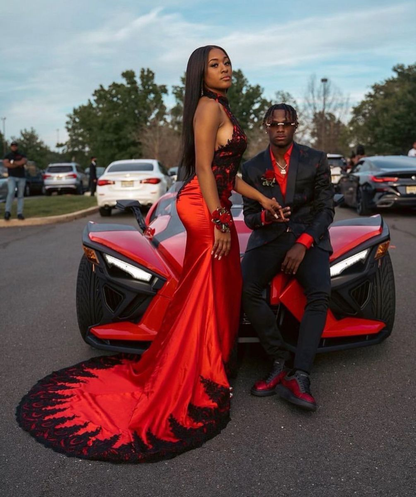 Charming Mermaid Red Satin and Black Lace Prom Dress with Train Y4409