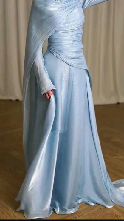 Elegant Blue Tulle Pleated Mermaid Long Party Dress Prom Gown Formal Wedding Guest Dress SP1312