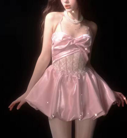 Elegant Pink Satin Lace Short Homecoming Dress A Line Birthday Outfits Y8940