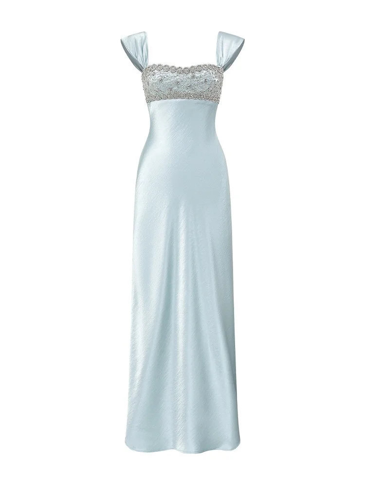 Classy Blue Satin Beaded Long Party Dress Formal Evening Dress SP2054