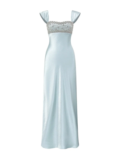 Classy Blue Satin Beaded Long Party Dress Formal Evening Dress SP2054