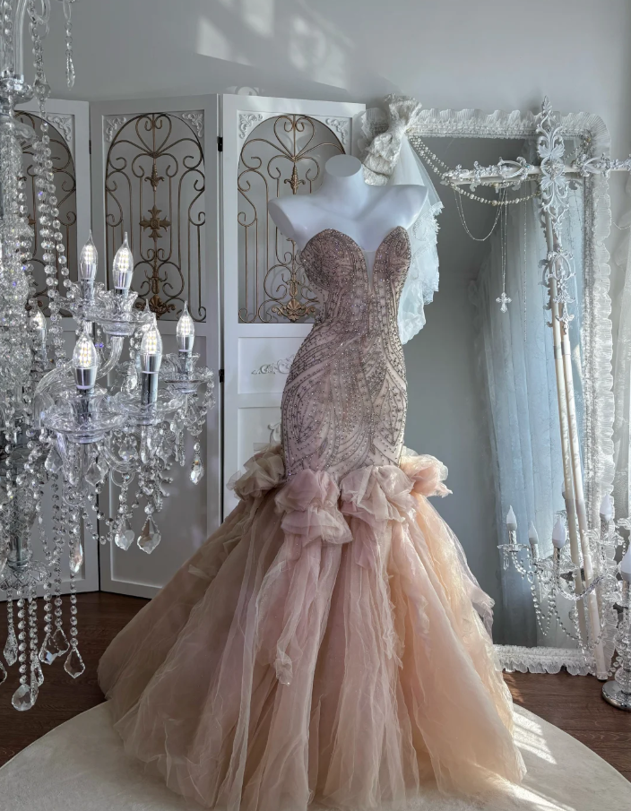 Pretty Sweetheart Neck Nude Pink Tulle Beaded Mermaid Long Party Dress Formal Wedding Guest Dress SP1459