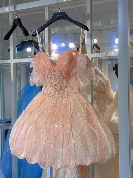Sparkly Sweetheart Neck Pink Beaded Sling Petal Skirt Princess 17th Birthday Dress Homecoming Dress Y9212