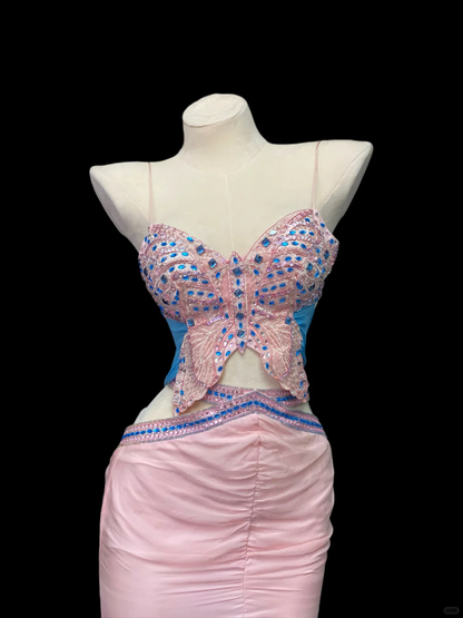 Glamorous Spaghetti Straps Pink Satin Butterfly Sequin Beaded Chiffon Ruffle Mermaid Slit Long Party Dress SP4090