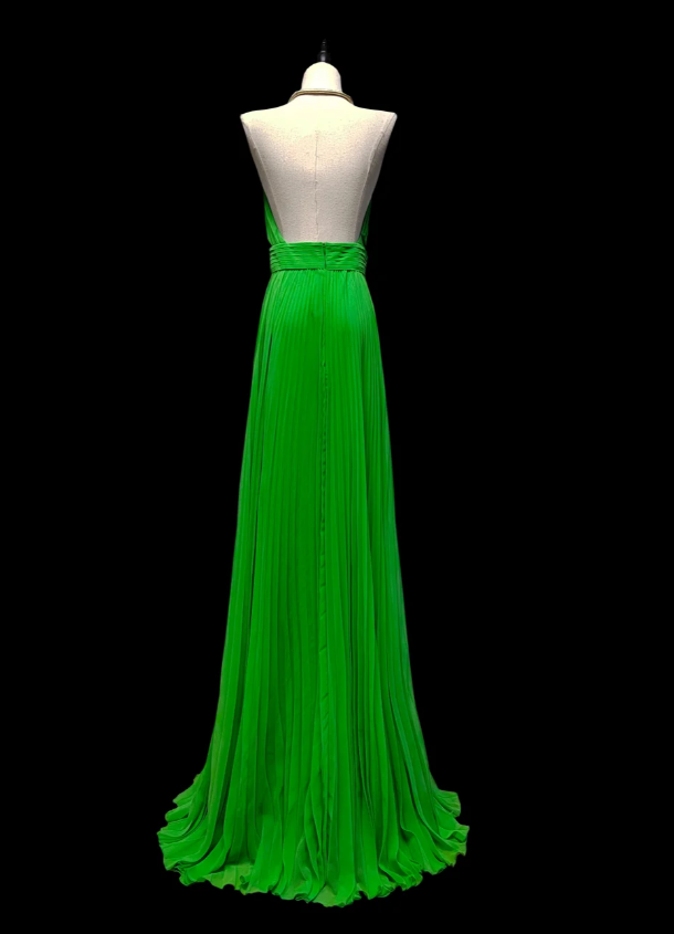Charming Halter Green Chiffon Pleated Long Prom Dress Backless Evening Gown SP474