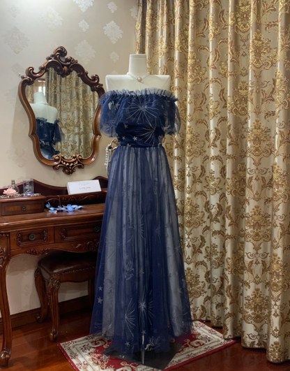 Glamorous Off The Shoulder Tulle A Line Long Wedding Guest Dress Navy Blue Birthday Prom Dress Evening Gown SP1609
