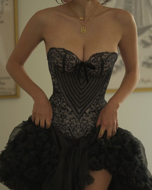 Vintage Sweetheart Neck Black Tulle Lace Short Homecoming Dress Birthday Dress Y9749
