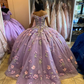 Lavender Applique Off Shoulder Shiny Elegant Tulle Ball Gown 3D Flowers Princess Dress Sweet 15th Y285