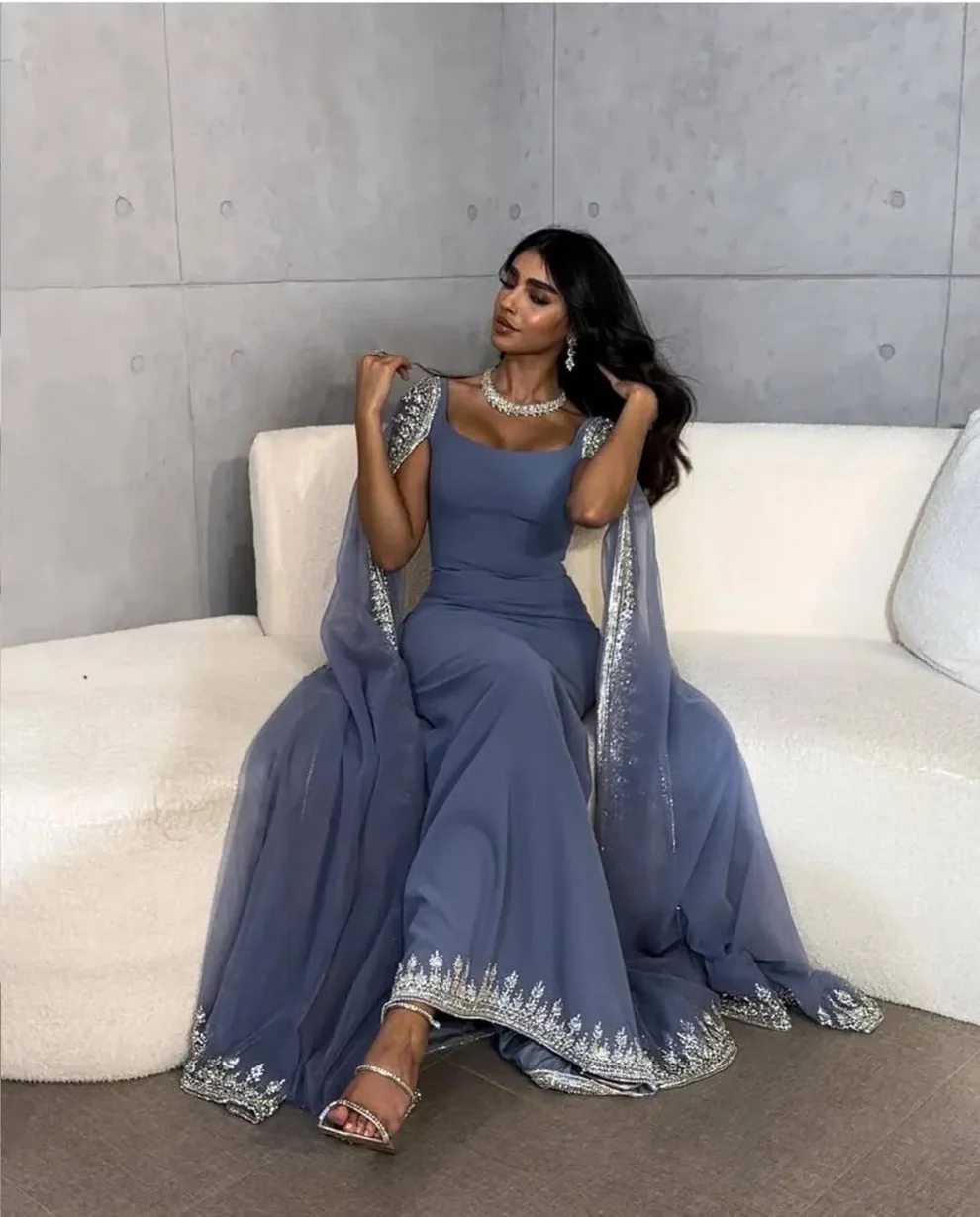Sparkly Sequin Evening Dresses for Arabic Women Cape Floor Length Mermaid Prom Party Wedding Special Events Dresses  Y4817