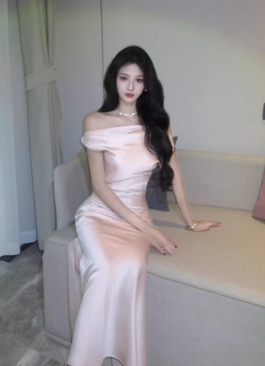 Fashion Off The Shoulder Pink Satin Mermaid Party Dress Long Wedding Guest Dress SP1983