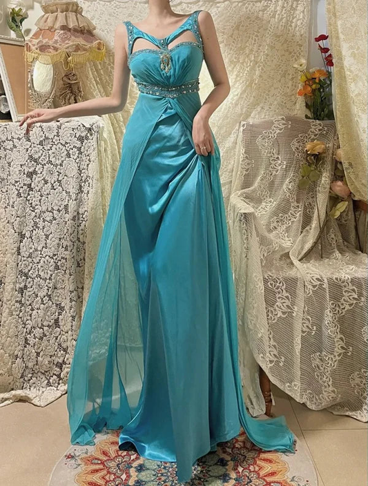 Pretty Blue Satin Chiffon Beaded Long Party Dress Prom Dress SP412