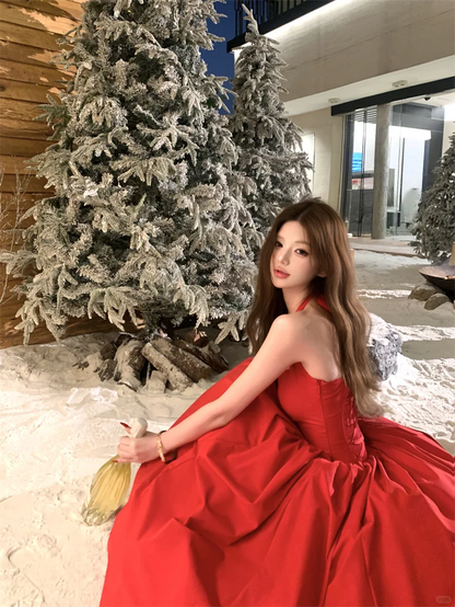 Charming Halter A Line Satin Long Prom Dress Red Evening Dress Birthday Dress SP2297