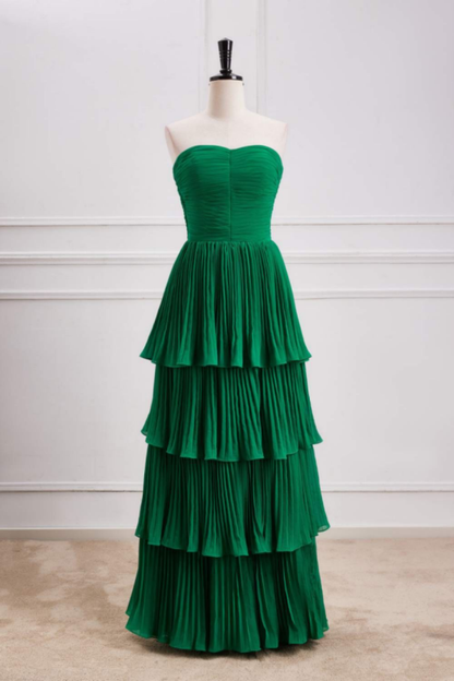 Green Strapless Ruffle Multi-Layer Long Prom Dress Y7373