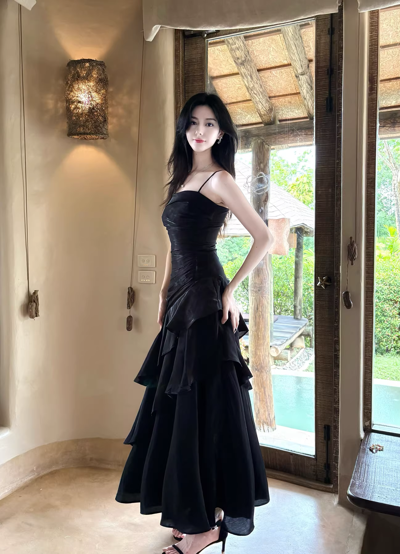 Fashion Spaghetti Straps Black Satin Ruffles Layered Mermaid Long Party Dress Formal Wedding Guest Dress SP1986